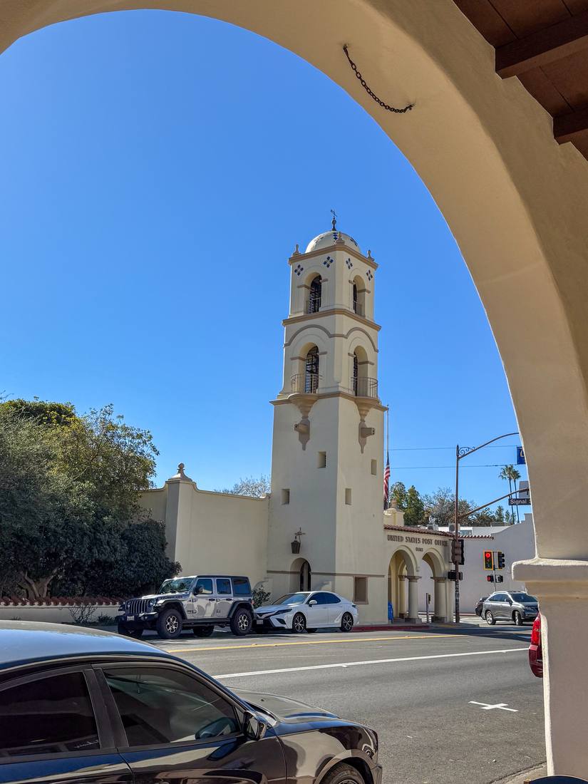 The Ojai post office tower from the downtown arcade
