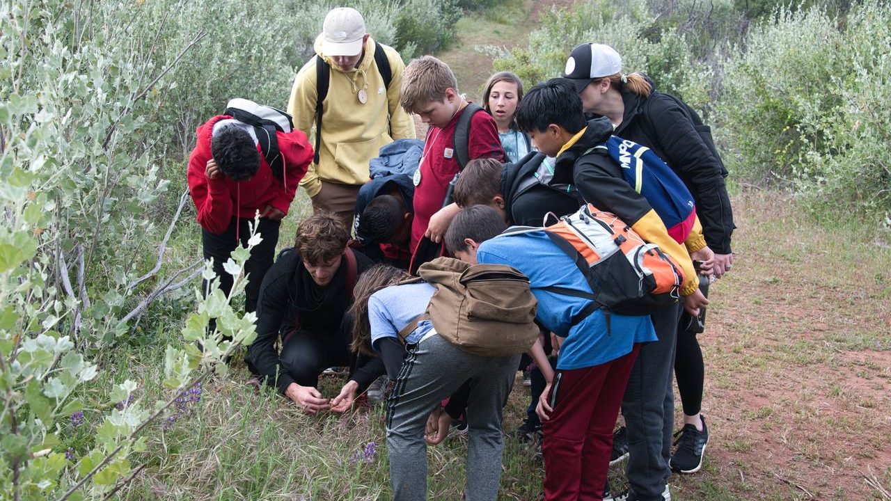 A trail class hiking through the hills at Camp Ramah