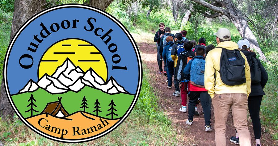 Outdoor School staff and students hiking a trail at Camp Ramah in Ojai, California
