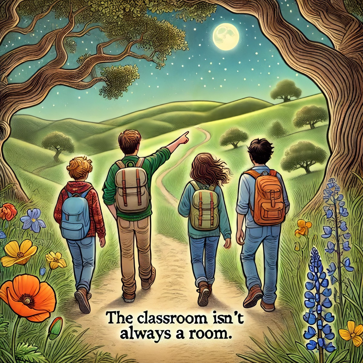 Illustration of four students with backpacks hiking a trail at dusk, captioned "The classroom isn't always a room."